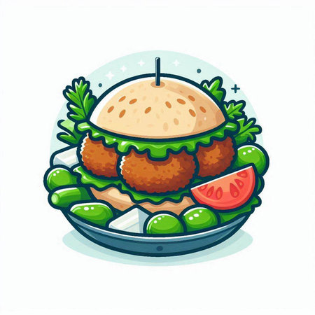 Illustration of a hamburger on a plate with vegetables. Vector illustration.のイラスト素材