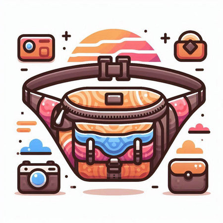 Vector illustration of a bag with travel items isolated on white background.のイラスト素材