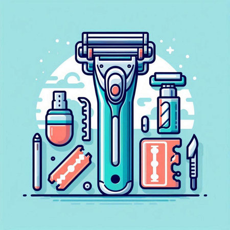 Vector illustration of electric shaver with tools. Flat line art style.のイラスト素材