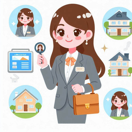 Young business woman in a suit and set of icons on the theme of real estate.のイラスト素材