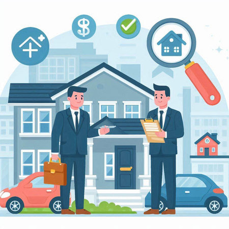 Real estate agent and buyer. Buying a new house. Vector illustrationのイラスト素材