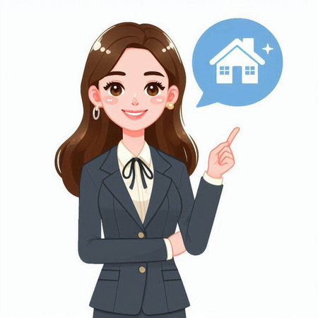 Real estate agent woman with speech bubble and house icon. Vector illustration.のイラスト素材