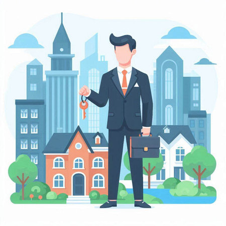 Real estate agent with keys to new house. Vector illustration in flat styleのイラスト素材