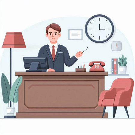 Businessman at office desk. Vector illustration in flat cartoon style.のイラスト素材