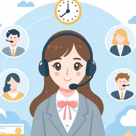 Illustration of a female customer service operator with a clock on the backgroundのイラスト素材