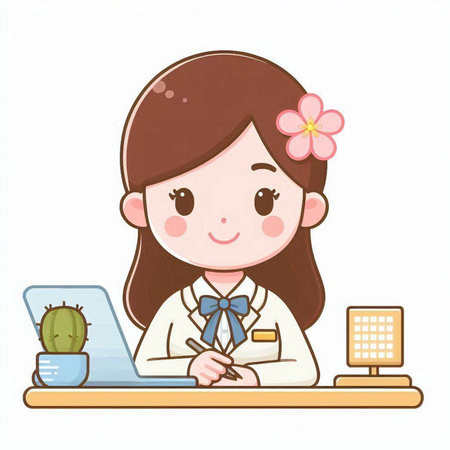 Illustration of a schoolgirl using a laptop at her desk.のイラスト素材