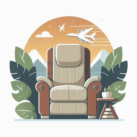 Vector illustration of comfortable armchair and airplane on the background of the mountains.のイラスト素材