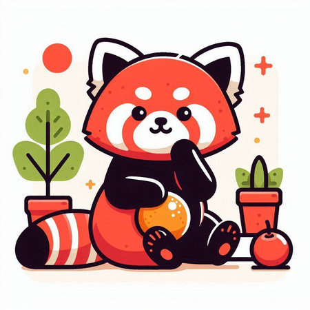 Cute red panda sitting in a pot. Vector illustration.のイラスト素材