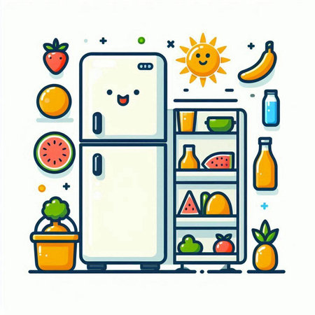 Funny cartoon fridge with fruits and vegetables. Vector illustration in line style.のイラスト素材