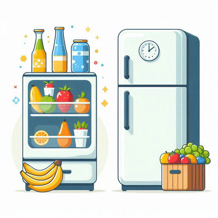 Refrigerator with food. Vector illustration in a flat style.のイラスト素材