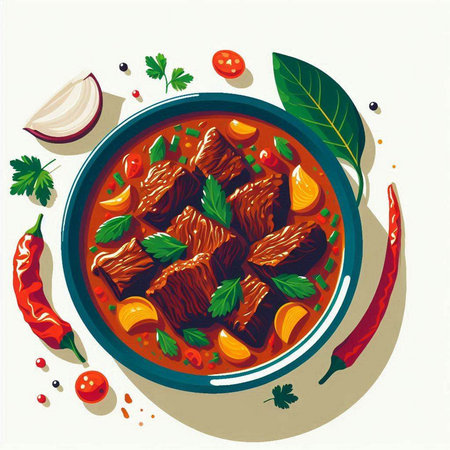 Beef stew with vegetables and spices in a bowl. Vector illustration.のイラスト素材