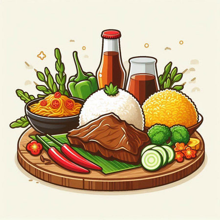 Illustration of a Steak, Vegetables, Spices and Sauceのイラスト素材
