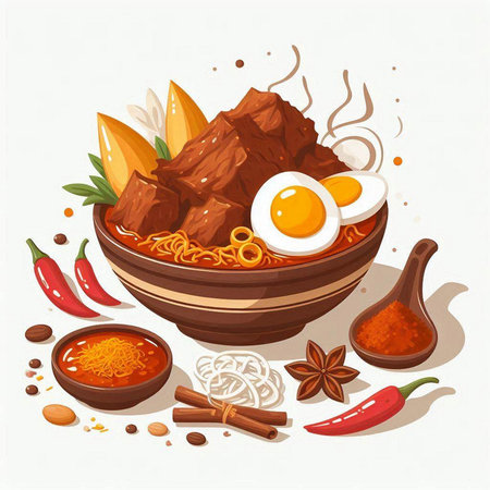 Noodle soup with beef, egg and spices. Vector illustration.のイラスト素材