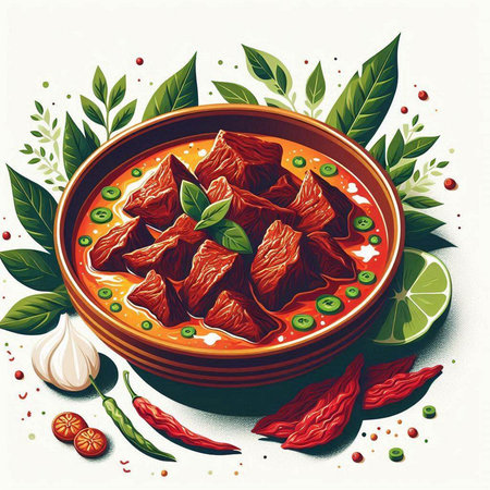 Beef stew with spices and herbs in bowl. Vector illustration.のイラスト素材
