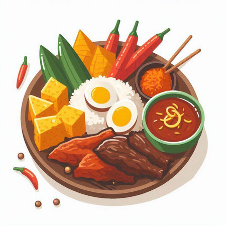 Illustration of a plate of grilled beef, rice, egg, cucumber and chili.のイラスト素材
