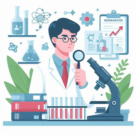 Scientist in lab coat and eyeglasses working with microscope. Vector illustration in flat styleのイラスト素材