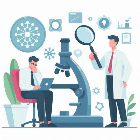 Scientist and doctor working with microscope and magnifying glass. Vector illustration in flat styleのイラスト素材