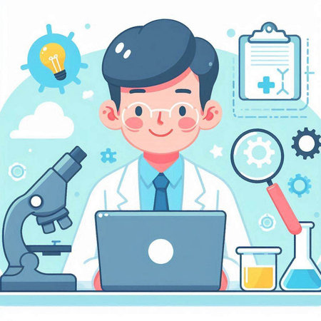 Scientist working with laptop in laboratory. Vector illustration in flat styleのイラスト素材