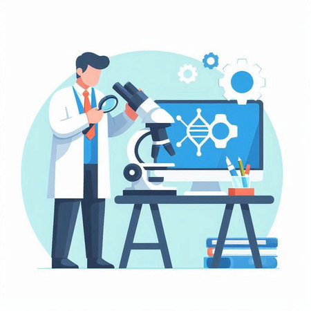 Scientist working with microscope in laboratory. Vector illustration in flat styleのイラスト素材