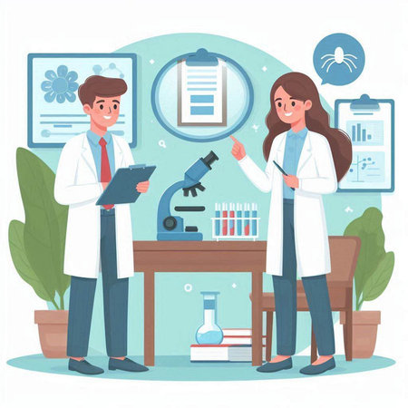 Scientist man and woman working in laboratory. Vector illustration in flat styleのイラスト素材