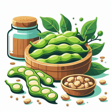 Bowl of green soybeans and soybean pods. Vector illustration.のイラスト素材