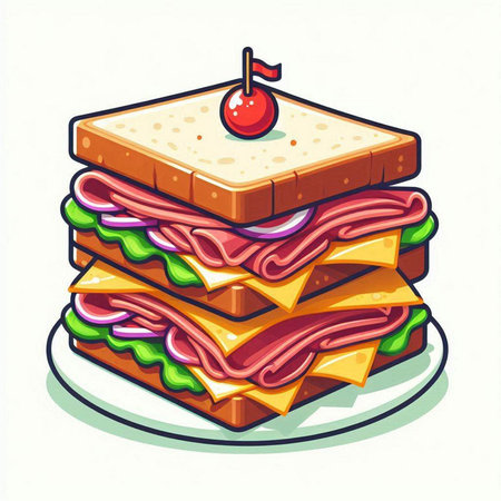 Sandwich with ham, cheese, tomato and lettuce. Vector illustration.のイラスト素材