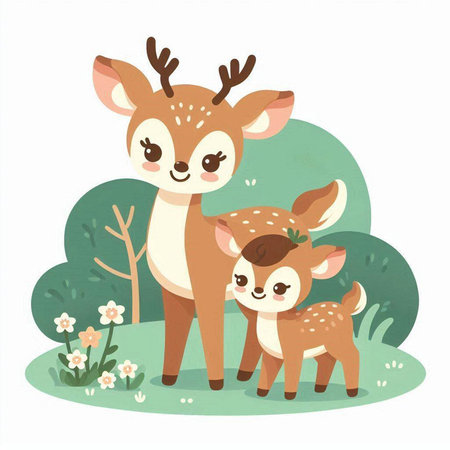 Cute little deer with her mother in the forest. Vector illustration.のイラスト素材