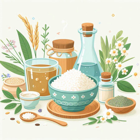 Illustration of a set of products for the preparation of rice.のイラスト素材