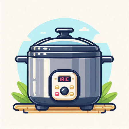 Vector illustration of a modern multi cooker on the background of the landscapeのイラスト素材