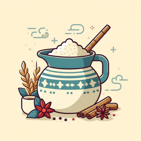 Illustration of a pot of rice with cinnamon and anise.のイラスト素材