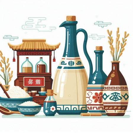 Illustration of traditional japanese food and drink. Vector illustrationのイラスト素材