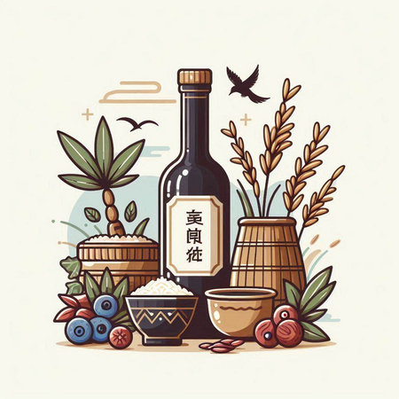 Illustration of traditional chinese wine bottle with rice, bowl, rice grains and bamboo.のイラスト素材