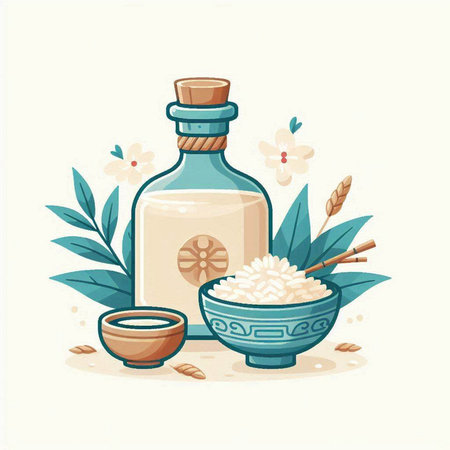 Vector illustration of a bowl of jasmine rice and a bottle of jasmine oil.のイラスト素材