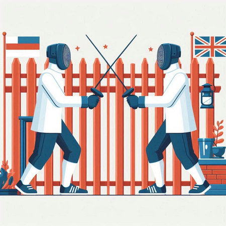 Fencing duel in front of the fence. Vector illustration in flat styleのイラスト素材