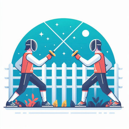 Fencing sport. Two men in fencing suits with swords. Vector illustrationのイラスト素材
