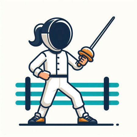 Fencing. Young sportswoman in white uniform with sword and helmet. Vector illustration.のイラスト素材