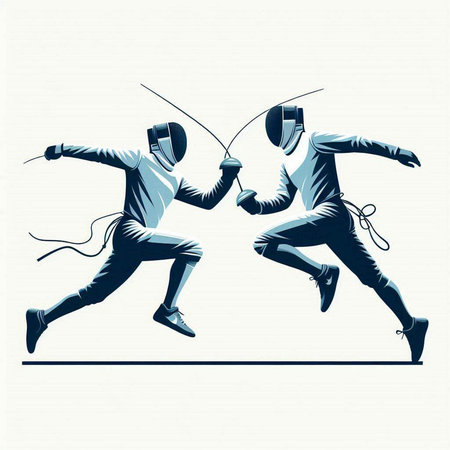 Fencing vector illustration, two men in fencing costume fighting with swordsのイラスト素材
