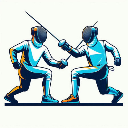 Fencing sport graphic design with two fencing players. Vector illustration.のイラスト素材