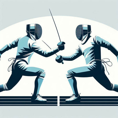 Fencing duel, two men in fencing costume, vector illustration.のイラスト素材