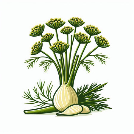 Fresh fennel with green leaves. Vector illustration isolated on white background.のイラスト素材
