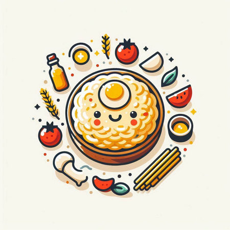 Korean food vector illustration, rice cake with vegetables and fried eggのイラスト素材
