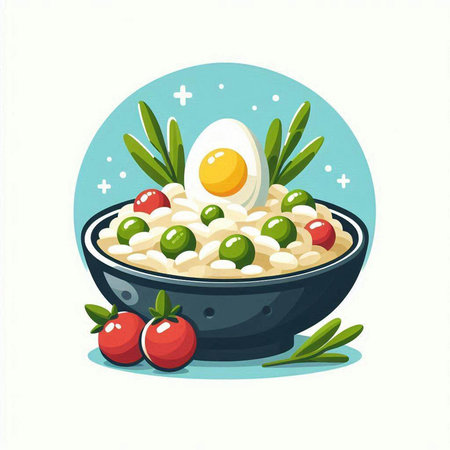 Rice porridge with green peas and egg in bowl. Vector illustrationのイラスト素材