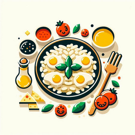 Fried eggs with vegetables and herbs on a plate. Vector illustration.のイラスト素材