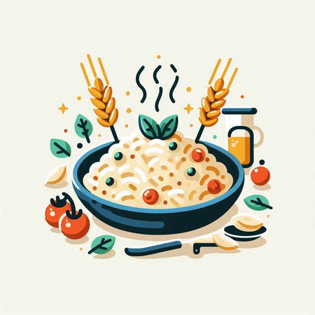 Risotto in a bowl with vegetables and spices. Vector illustration.のイラスト素材