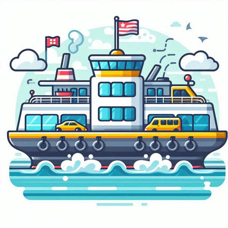 Flat illustration of a ferry boat on the sea. Vector illustrationのイラスト素材