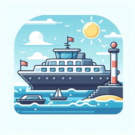 Vector illustration of a cruise ship on the seashore in flat styleのイラスト素材