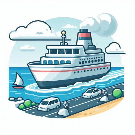 Cruise ship on the seashore. Vector cartoon illustration.のイラスト素材