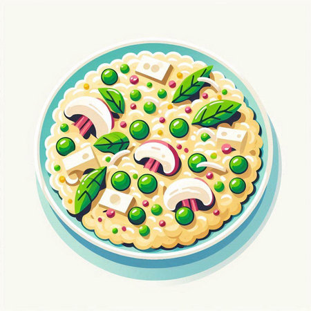 Risotto with green peas, mushrooms and cheese. Vector illustration.のイラスト素材