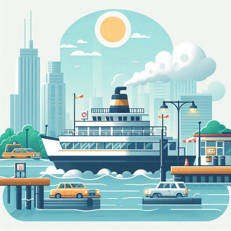 Cruise ship on the river. Vector illustration in flat style.のイラスト素材