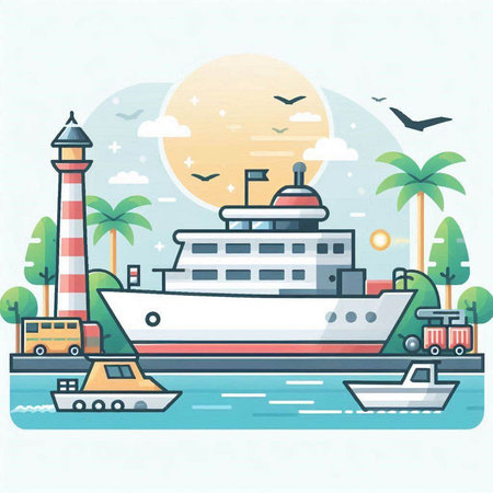Vector illustration of cruise ship on the background of the sea, lighthouse and palm trees.のイラスト素材